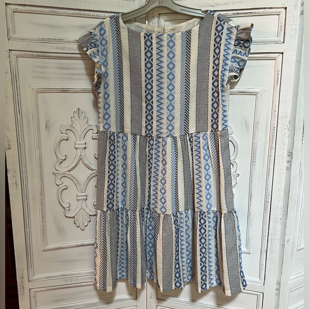 LOFT Geometric Blue and Cream Dress